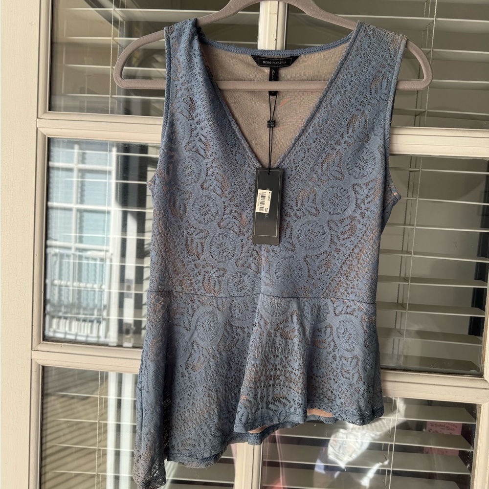 NWT BCBG light blue lace asymmetrical peplum top Size S